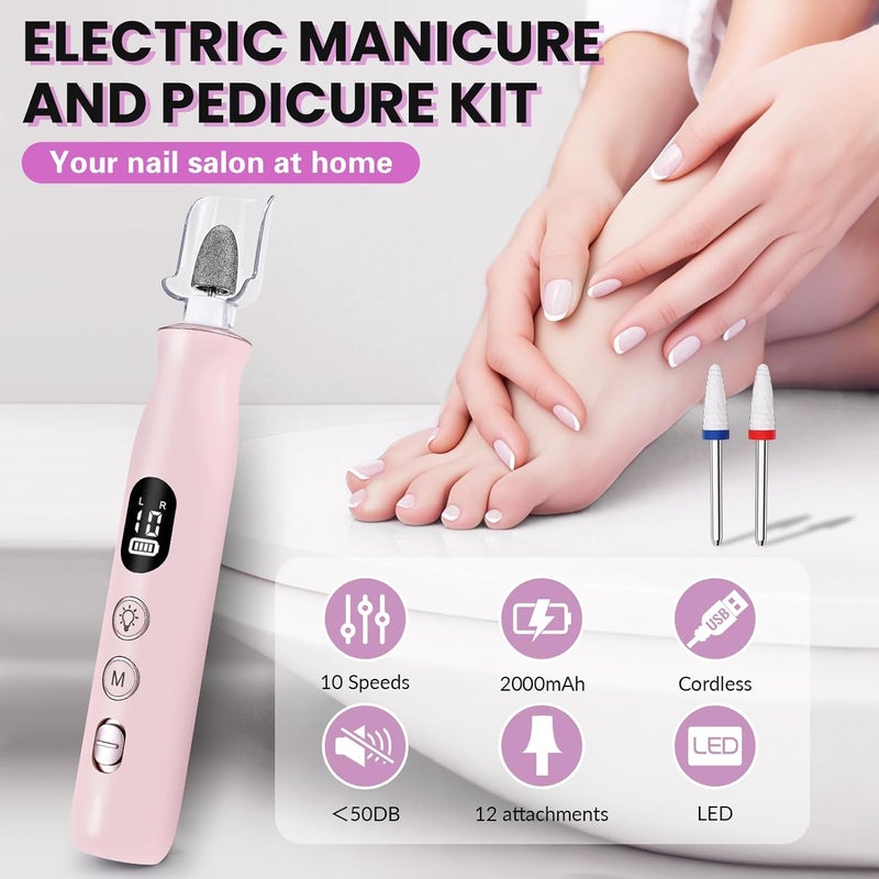 VFD Electric Nail Drill, Cordless 2000 mAh Rechargeable Portable Nail File 12 in 1 Kit for Thick Toenails, 10 Speeds Nail Dril Machine Professional Manicure Pedicure for Hand Natural Nails Care (Pink) - Image 2